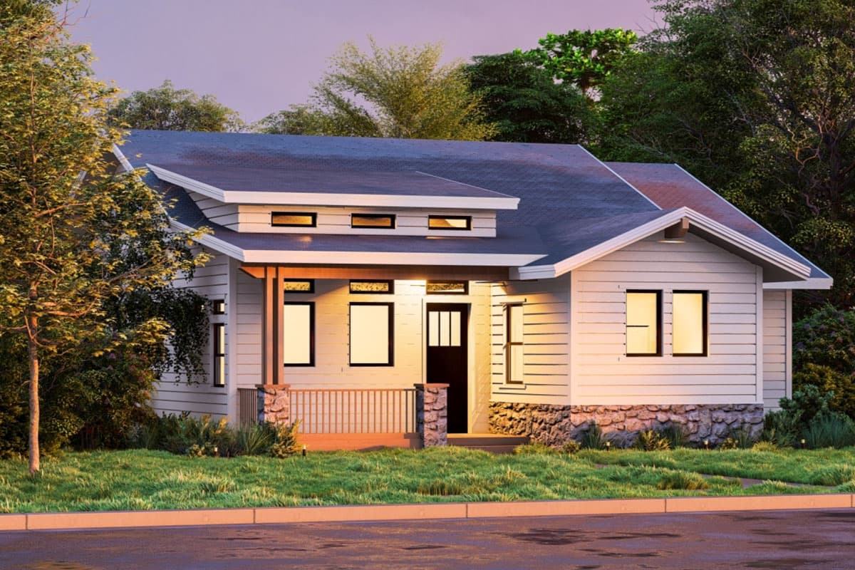 Craftsman style house plan exterior with stone foundation, covered porch, and dormer windows.