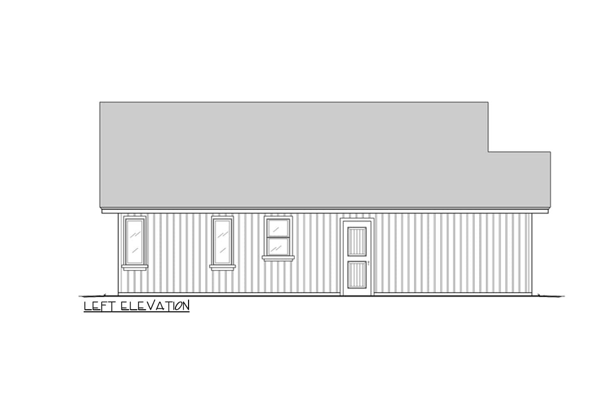 Left elevation drawing of a house plan showing siding, three windows, and a door.