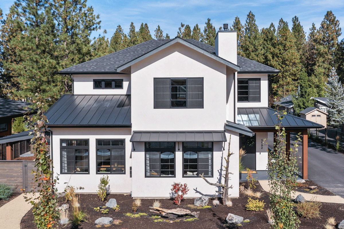 House plan exterior: Two-story modern home with white stucco, dark metal roof, multiple gables, and black-framed windows.
