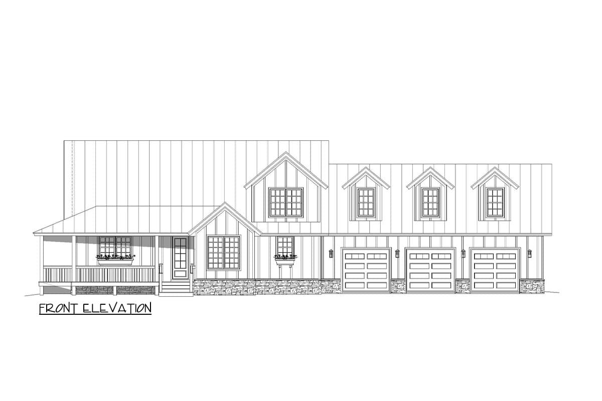 Front elevation house plan with a wraparound porch, stone base, multiple gables, and a four-car garage.
