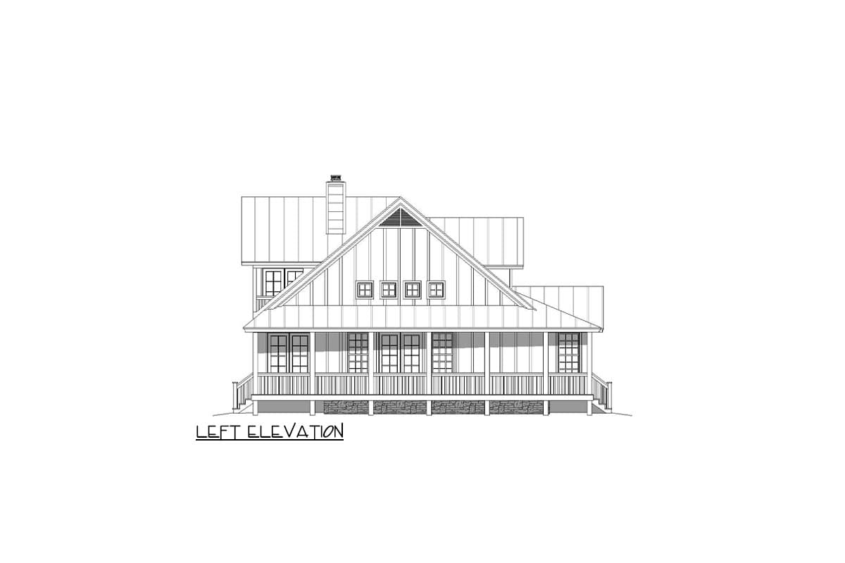 Left elevation house plan with wraparound porch, prominent gable, and metal roof.