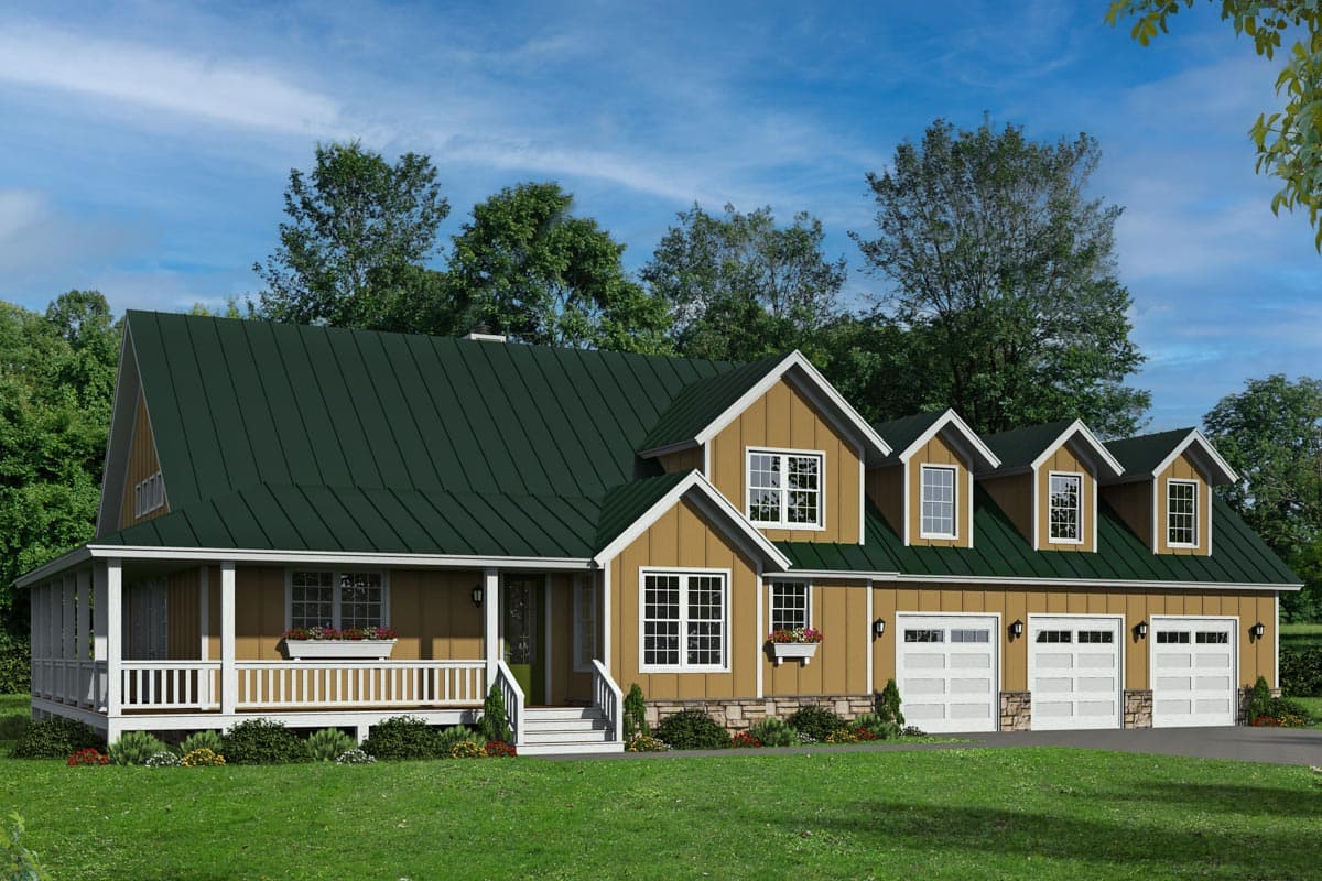 House plan exterior with Craftsman style. Features include a front porch, gables, and a three-car garage. Two stories with a dark green metal roof.