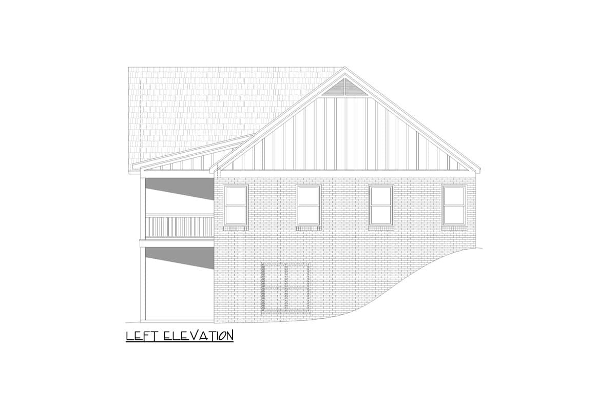 Left elevation house plan showing a brick exterior, pitched roof, gabled dormer, and covered balcony.