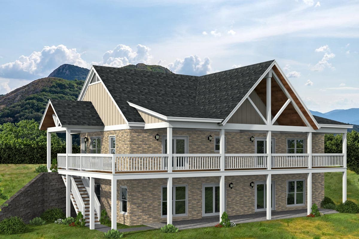 House plan exterior. Two-story with open porch, gable roof, and brick facade. The porch includes white railing and supports.