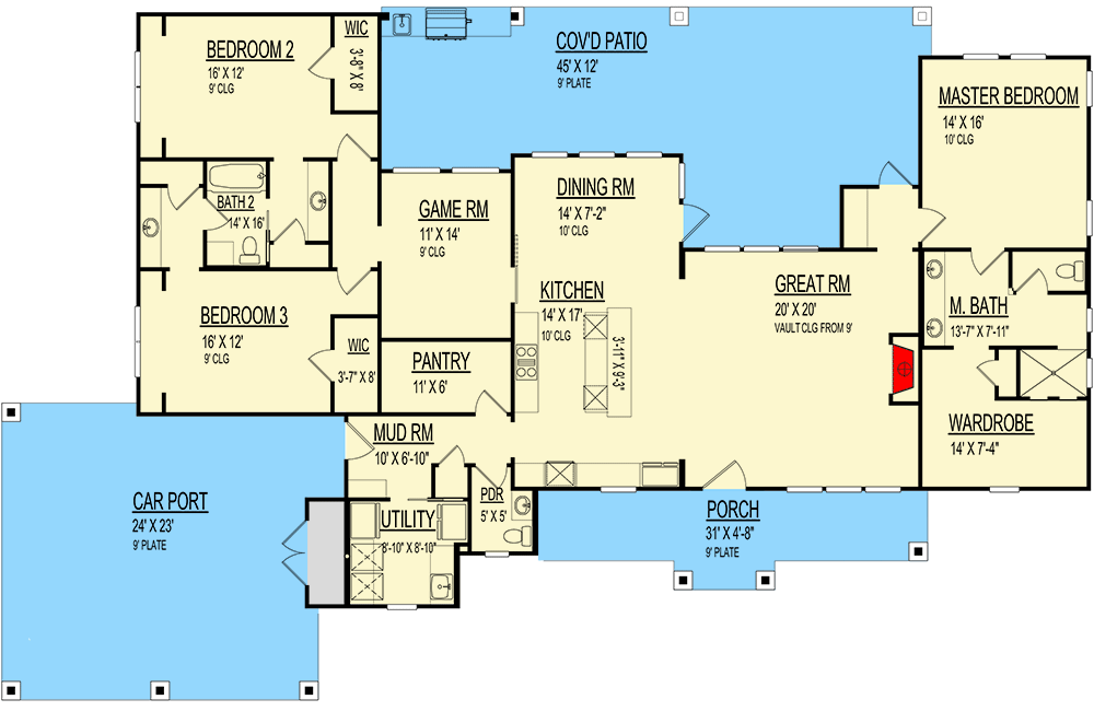 Plan 264037KMD: Split Bedroom Country Ranch House Plan with Optional Carport - 2623 Sq Ft - Floor Plan - Main Level - Country, Ranch