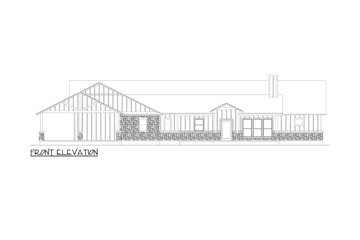 Front elevation of a single-story house plan featuring a covered porch, gables, stone accents, and a prominent chimney.