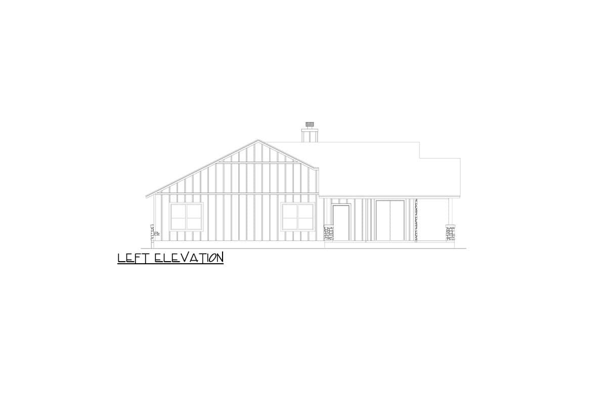 Left elevation drawing of a one-story house plan with gabled roof, two windows, and a covered porch.