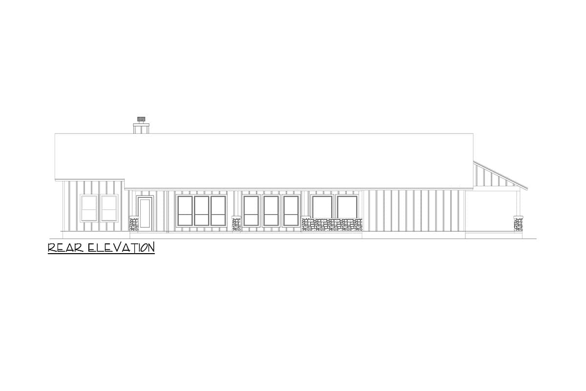 Rear elevation of house plan showing vertical siding, multiple windows, and stone accents on porch supports.