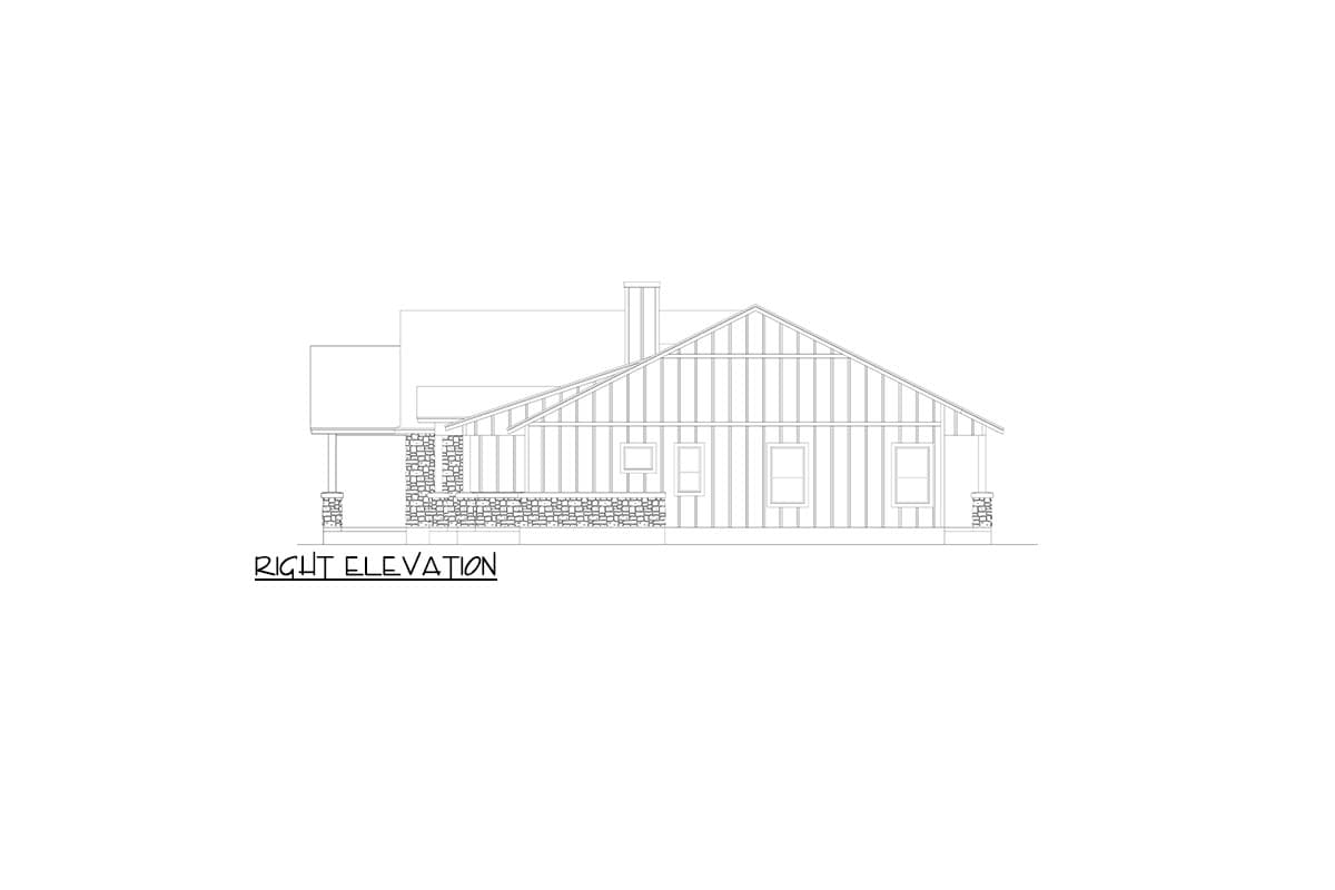 Right elevation drawing of a house plan featuring board and batten siding, stone accents, a prominent gable, and a covered porch.