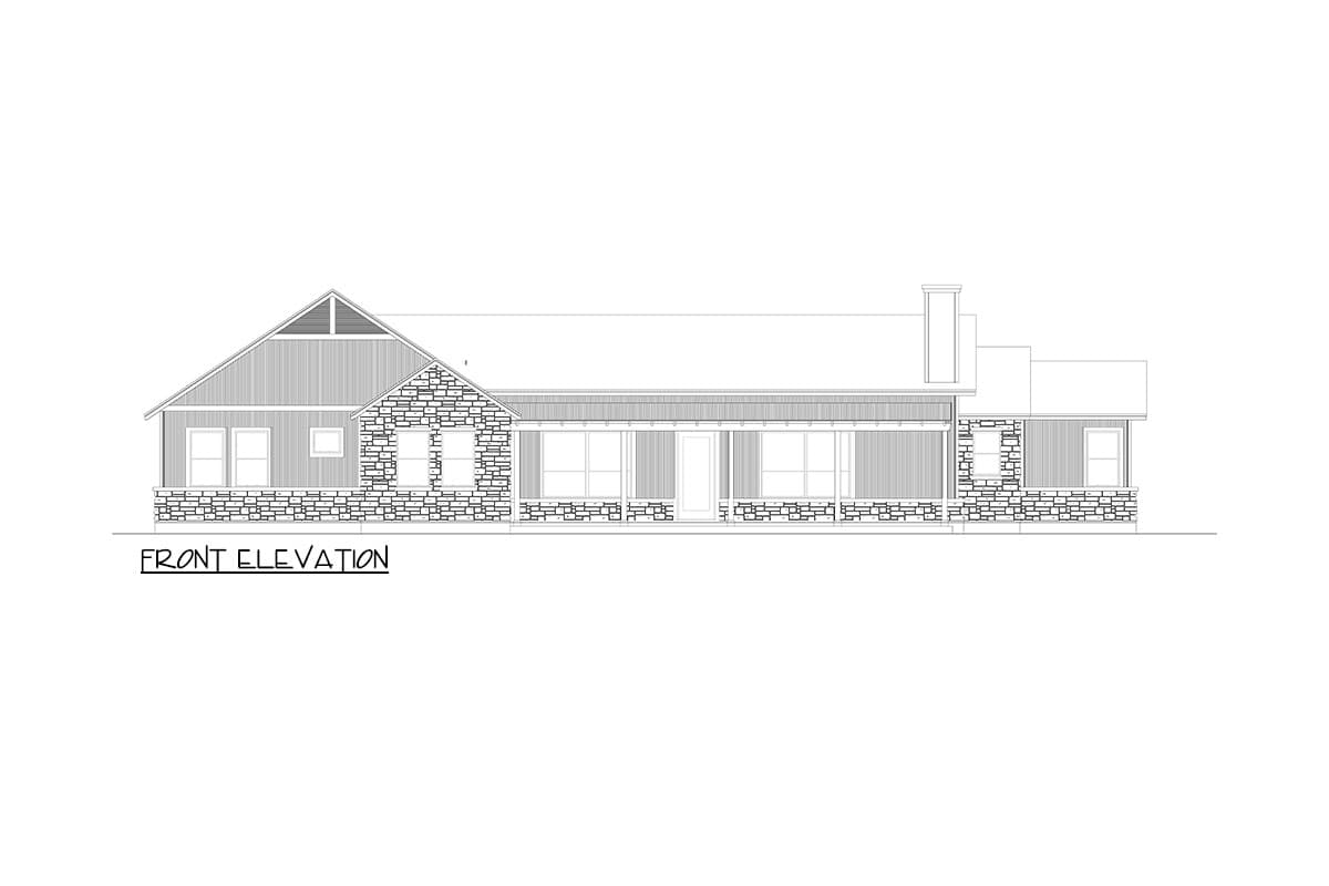 Front elevation drawing of a single-story house plan featuring stone accents, a covered porch, and a prominent gable.