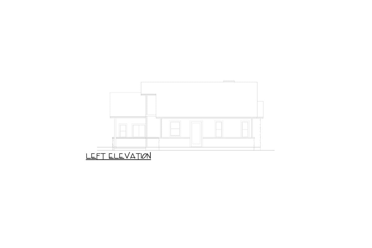 Left elevation drawing of a house plan showing a single story with a covered porch across the front and multiple windows.