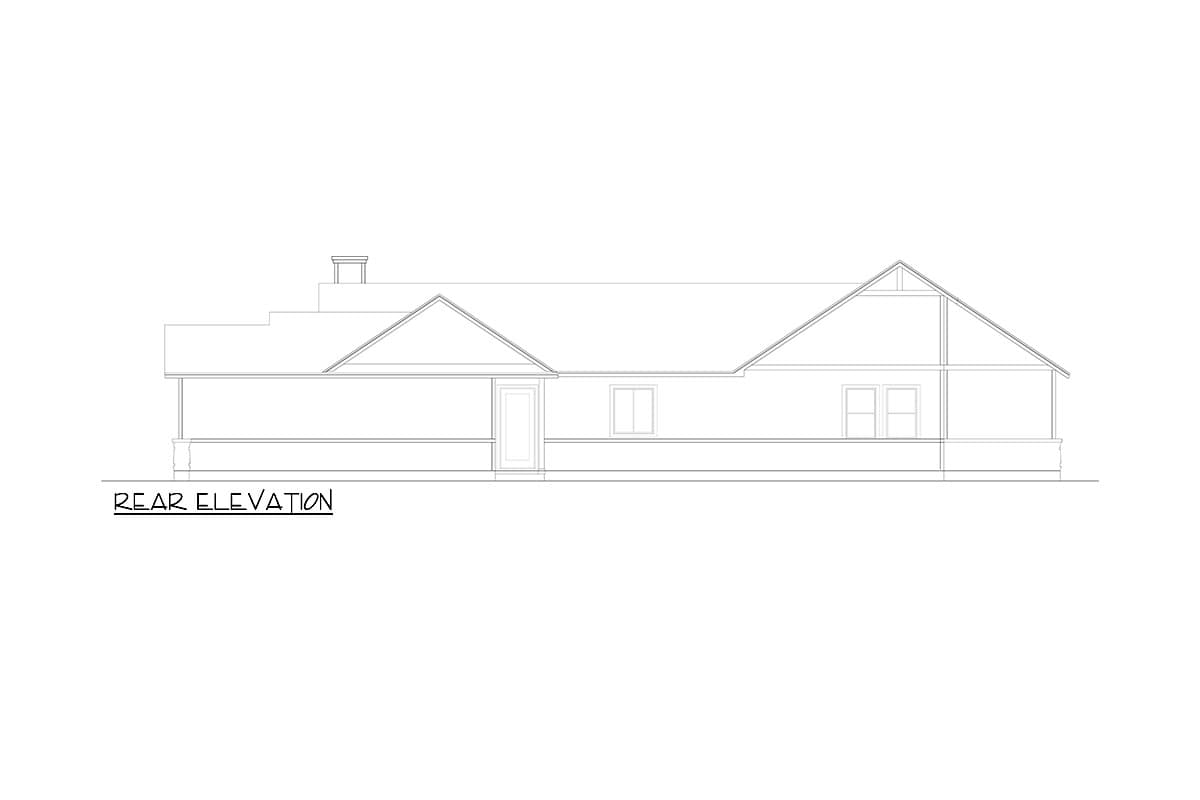 Rear elevation drawing of a one-story house with a covered entrance, gables, and chimney.