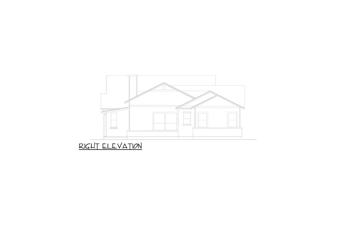 Right elevation drawing of a house plan featuring gables, a chimney, and a covered porch.