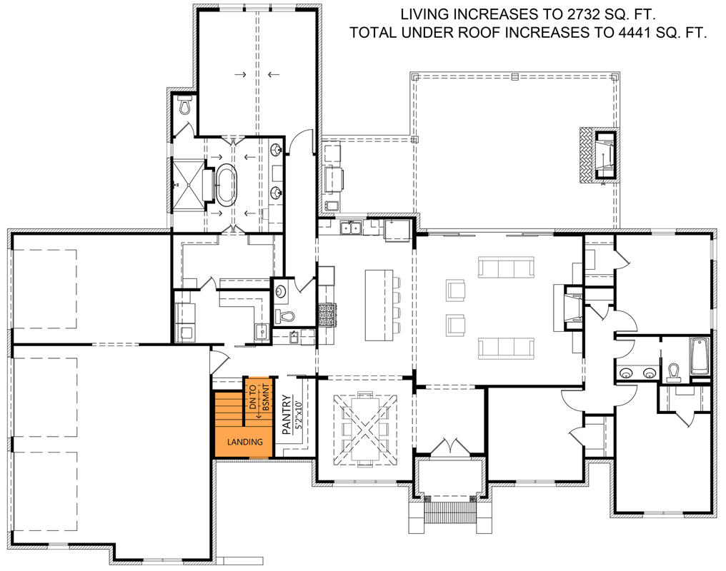 Plan 56543SM: 4-Bedroom Modern French Country House Plan with Private Master Wing - 2674 Sq Ft - Floor Plan - Main Level - Basement Stair Location - Acadian, Country, European, French Country, New American, Traditional, Transitional