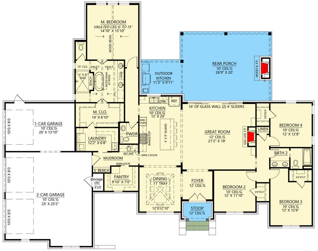 Plan 56543SM: 4-Bedroom Modern French Country House Plan with Private Master Wing - 2674 Sq Ft - Floor Plan - Main Level - Acadian, Country, European, French Country, New American, Traditional, Transitional