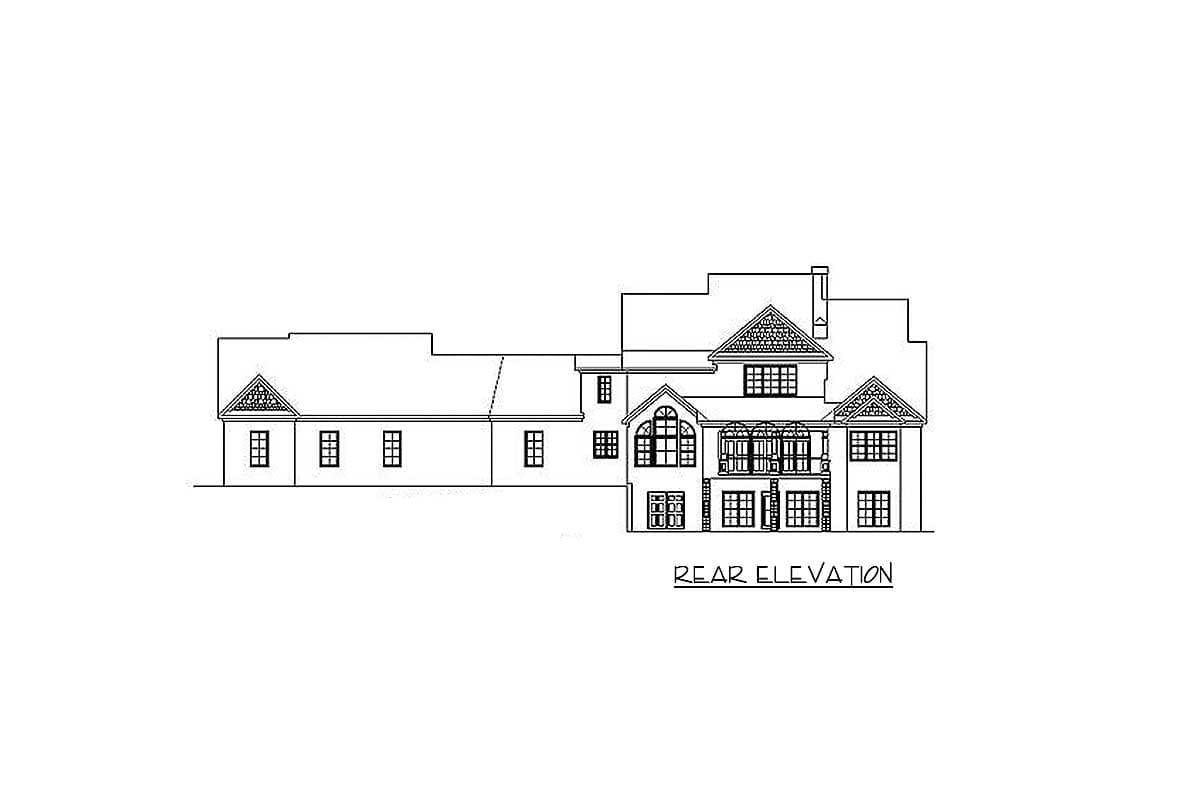 Rear elevation drawing of a large house with multiple gables, a central balcony, and numerous windows.
