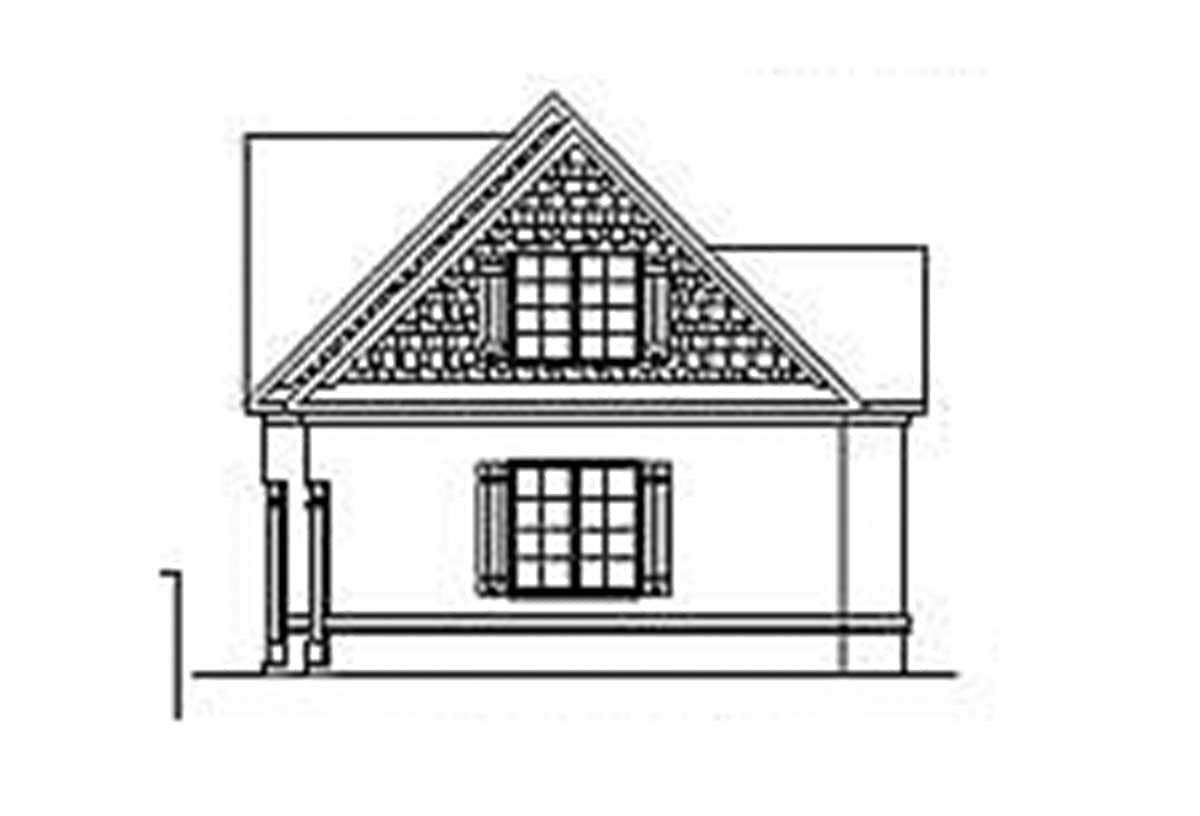 Side elevation of a house plan featuring a prominent gable with decorative shingle work and two multi-pane windows.
