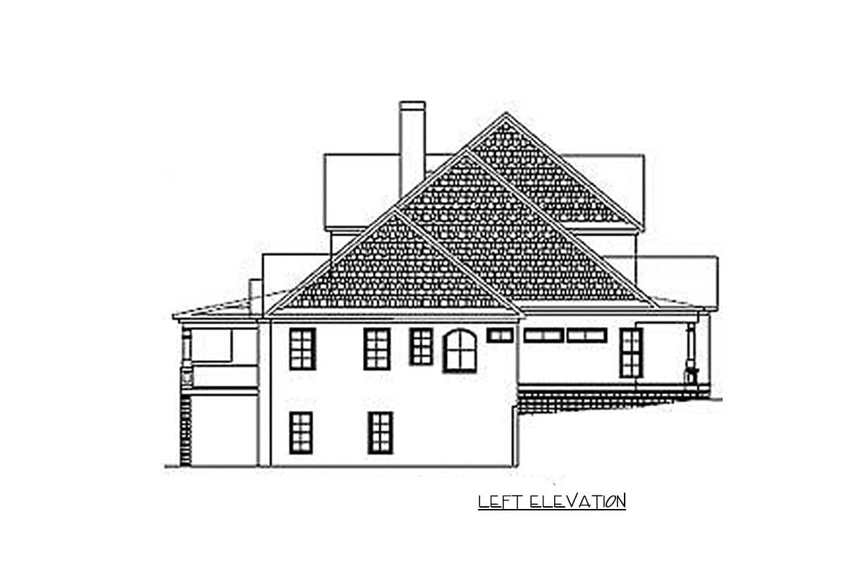 Left elevation drawing of a two-story house plan with gabled roof, porch, and multiple windows.