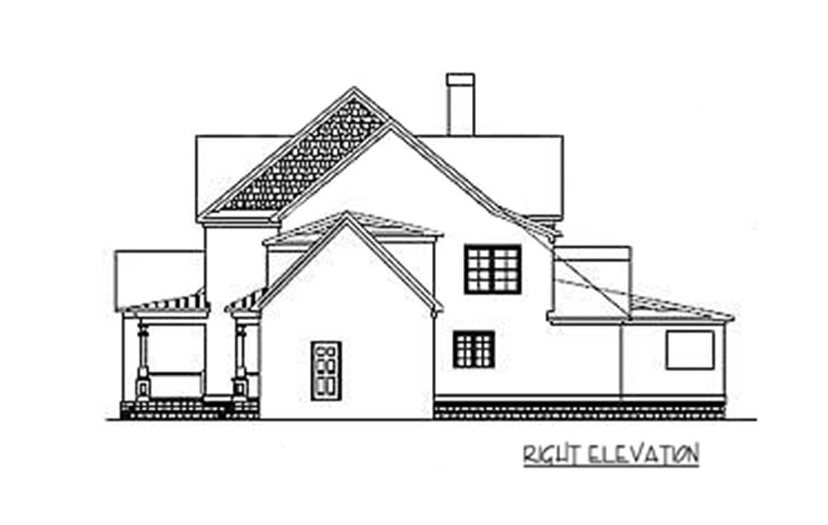 House plan right elevation showing multiple gables, a porch with columns, and a brick foundation.