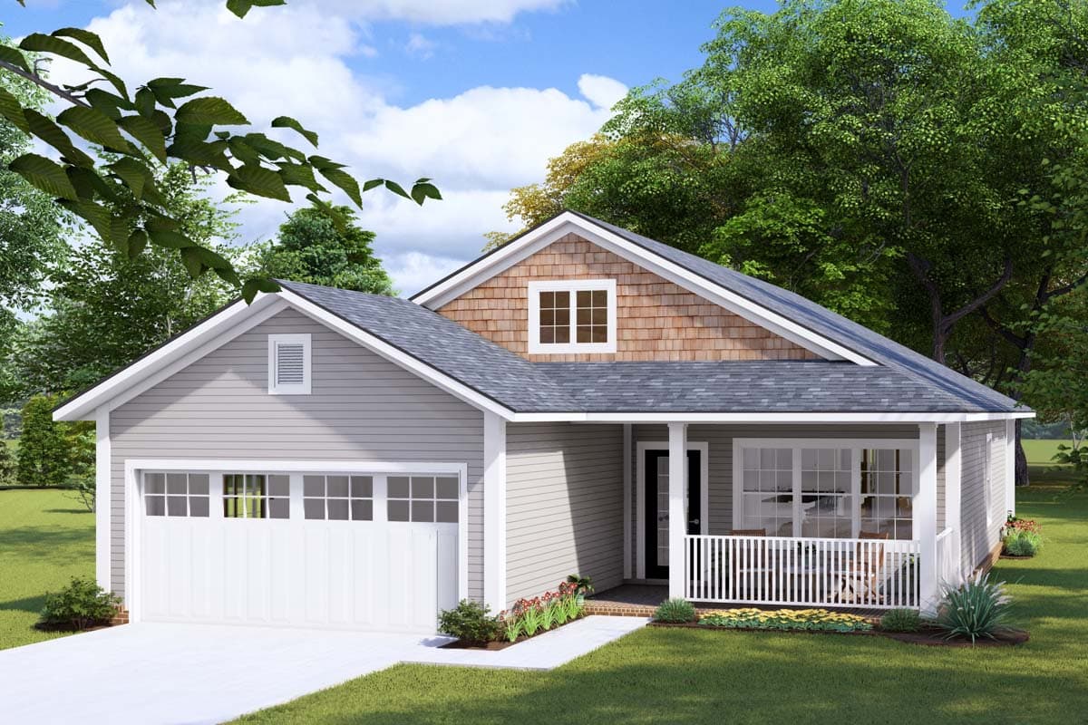 House plan exterior with Craftsman style. Features include a front porch, gabled roofline, and garage with side-facing orientation and dormer.