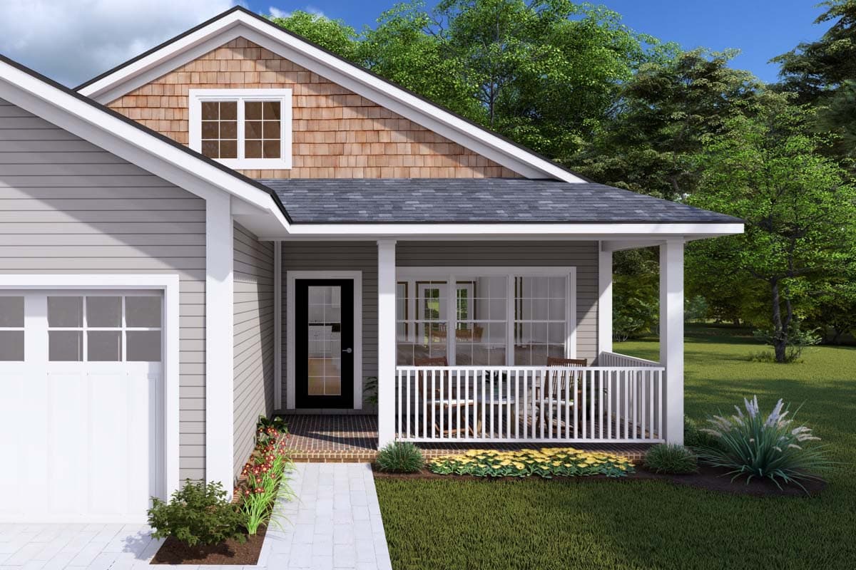 House plan exterior: Craftsman style, one story, with wood shingle gable, covered porch, and attached garage.