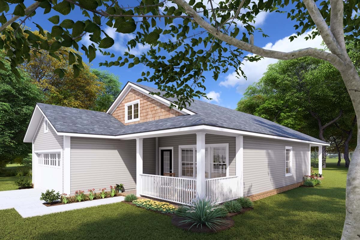 House plan exterior: One-story Modern Farmhouse with front porch, dormer, and side-facing garage.