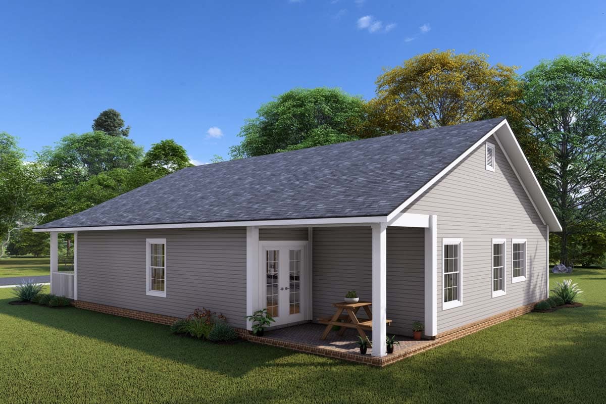 Ranch style house plan exterior, one story, with gable roof, covered porch, and double glass doors.
