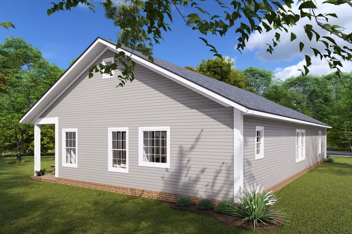 House plan exterior: one-story, gable roof, front porch, and vinyl siding.