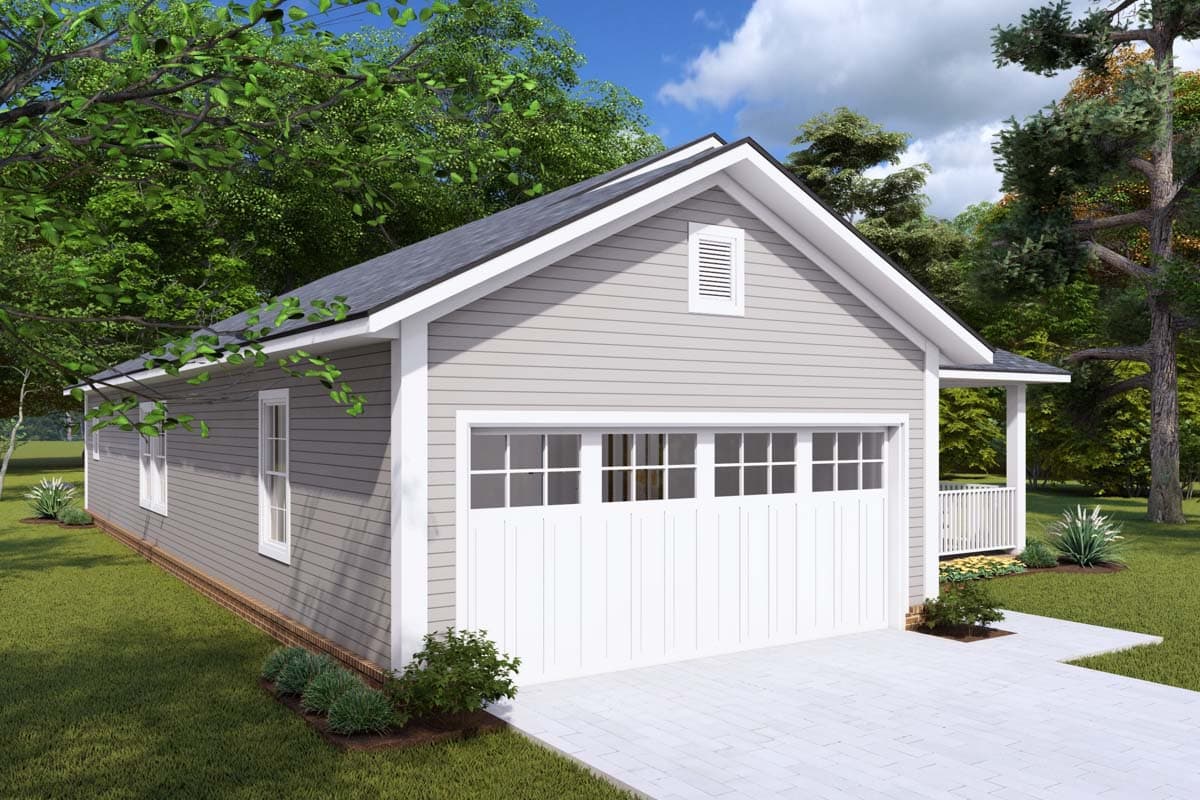 Exterior house plan: Single-story, grey siding, large garage door with multi-pane windows, gable vent, and small covered porch.