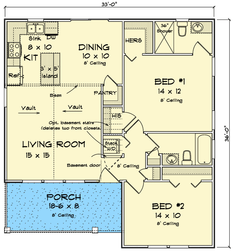 Plan 52339WM: 2-Bed 2-Bath Country Cottage-Style Home with Front Porch and Open Living Space - Floor Plan - Main Level - Cabin, Cottage, Country, Traditional