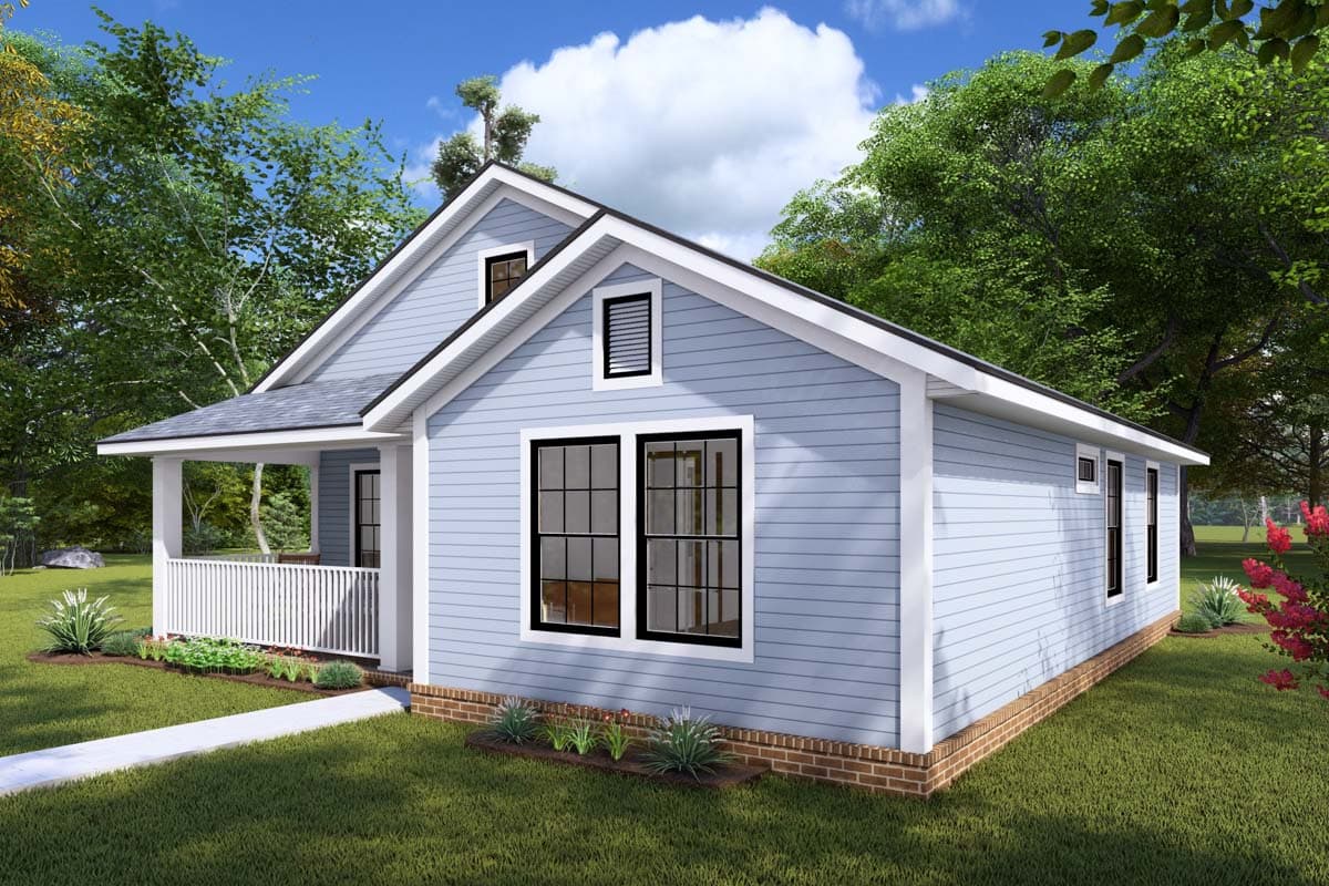 House plan exterior: one-story Modern Farmhouse with gabled roof, front porch, and vinyl siding.