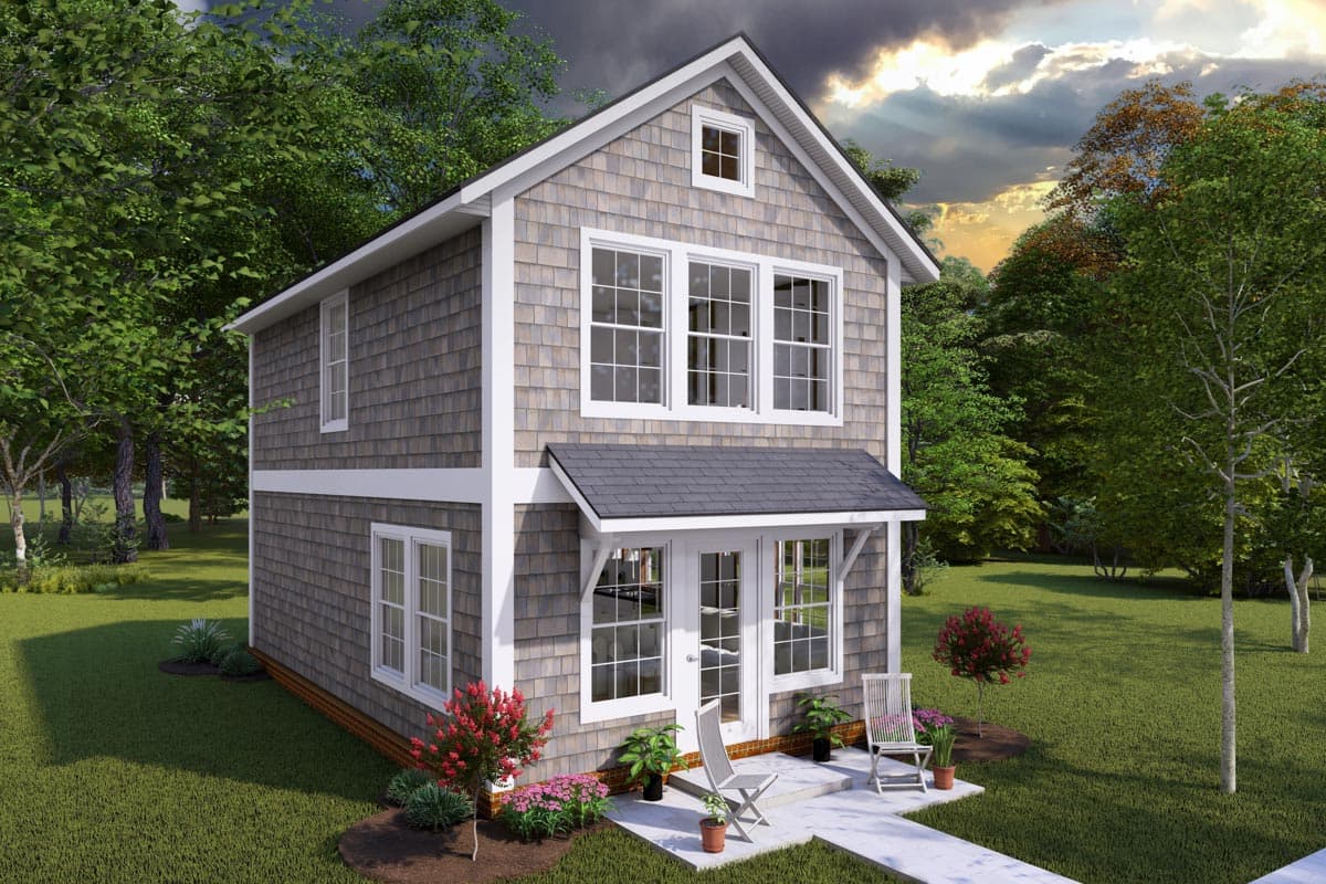House plan exterior featuring a two-story Craftsman-style home with shingle siding, a gable roof, and a front porch with a shed roof.
