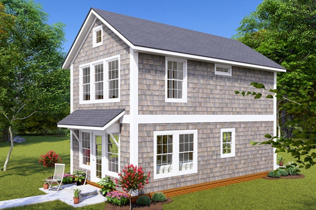 House plan exterior, two stories, shingle siding, gable roof, front porch with angled supports, and multiple windows.