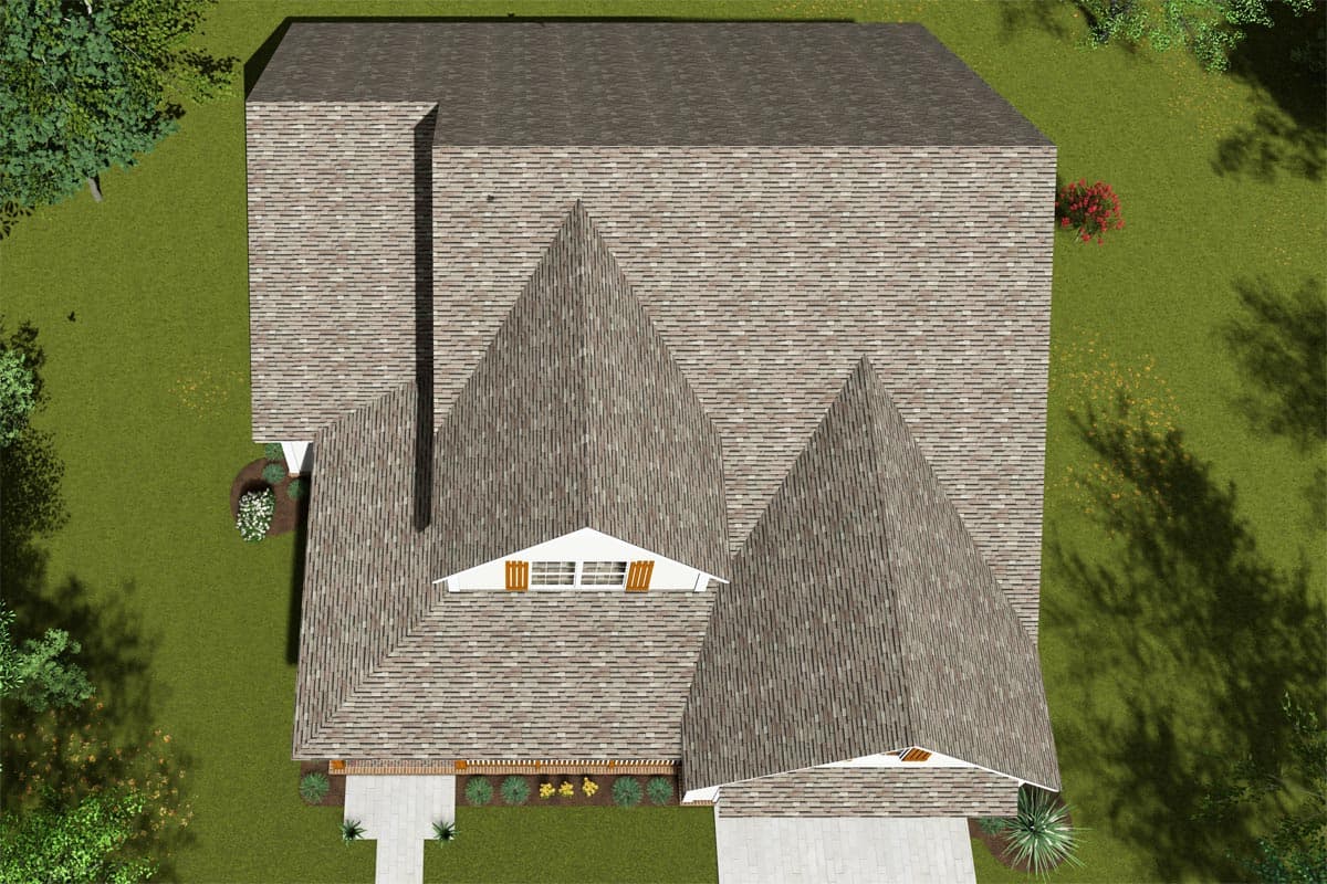 House plan exterior, overhead view, showing complex rooflines with multiple gables and a dormer with louvered shutters.