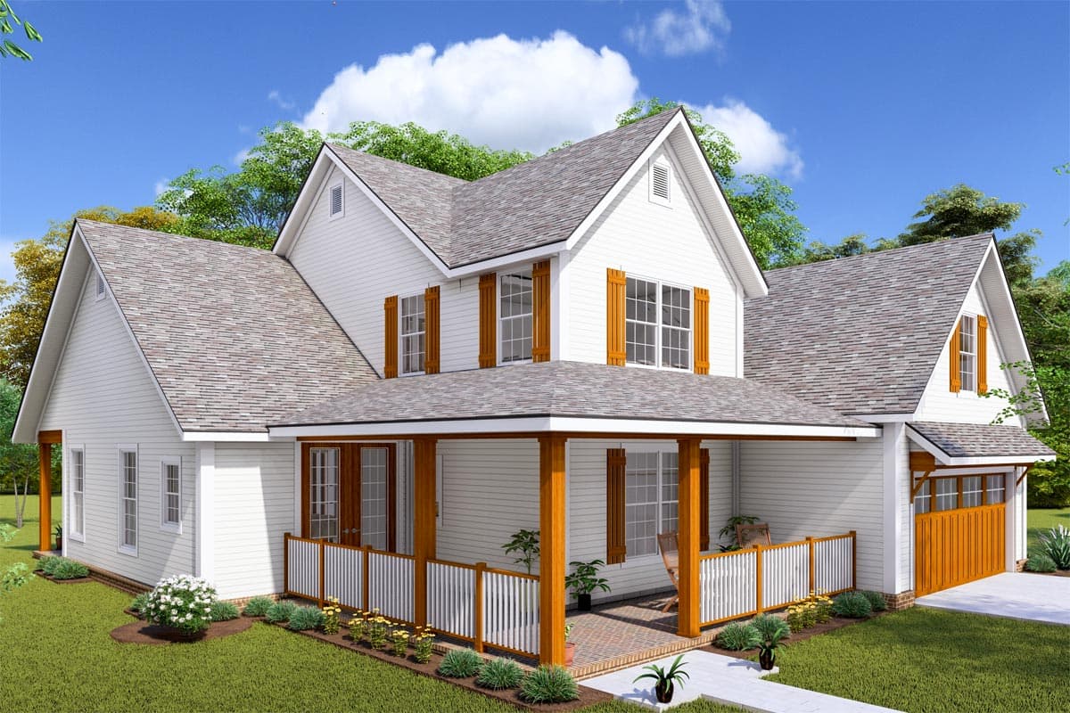 House plan exterior: Modern Farmhouse style, two stories, wraparound porch, gables, and attached garage.