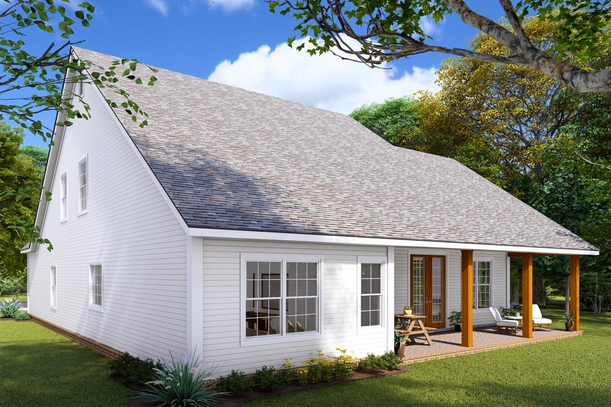 House plan exterior: Two-story modern farmhouse with white siding, gable roof, and covered front porch with wooden posts.