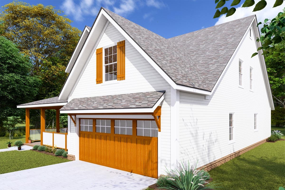 House plan exterior: Modern Farmhouse style, two stories, gabled dormer, covered porch, and wood garage door.