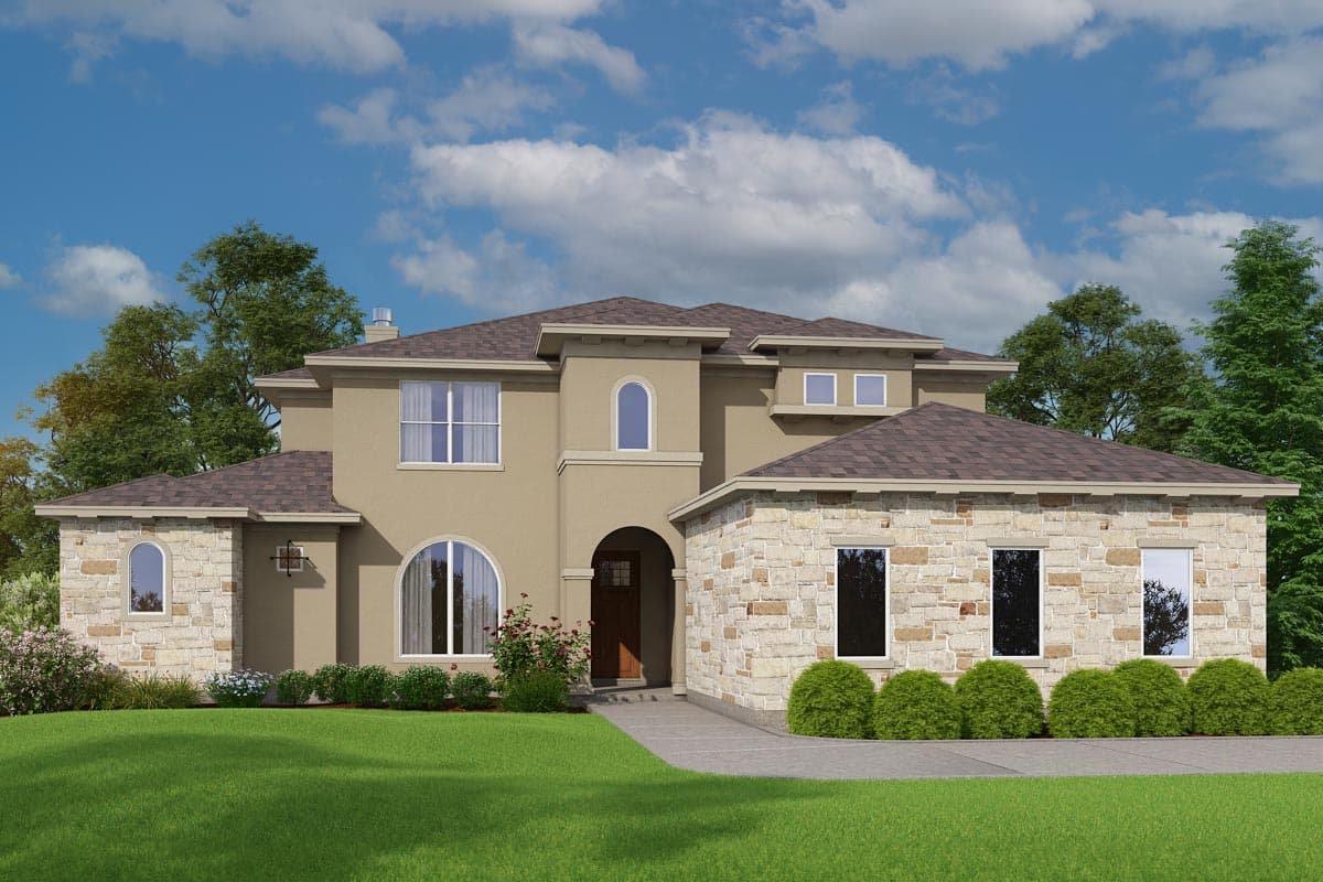 House plan exterior with stucco and stone facade, two stories, arched entryway, and multiple rooflines.