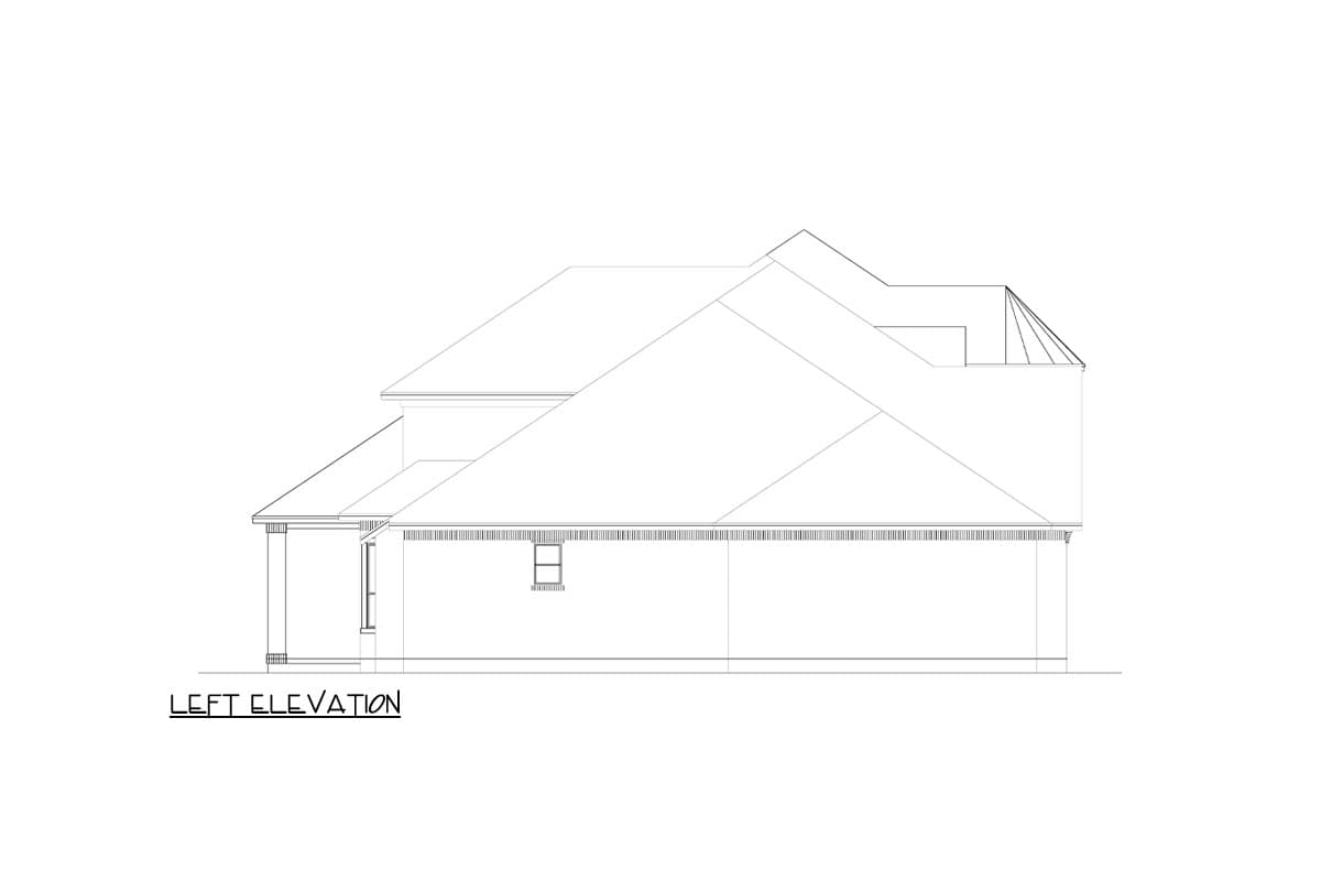 Left elevation house plan showing rooflines, a covered entry porch, and one window.