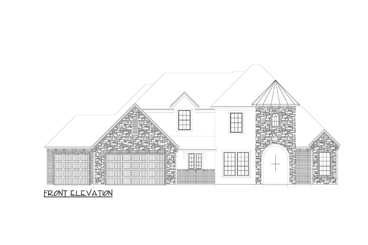 Front elevation drawing of a two-story house plan with stone accents, multiple gables, and a three-car garage.