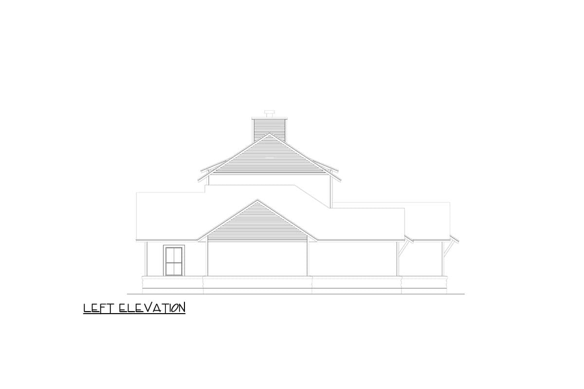 Left elevation house plan drawing with gables, a prominent chimney, and exposed rafter tails.