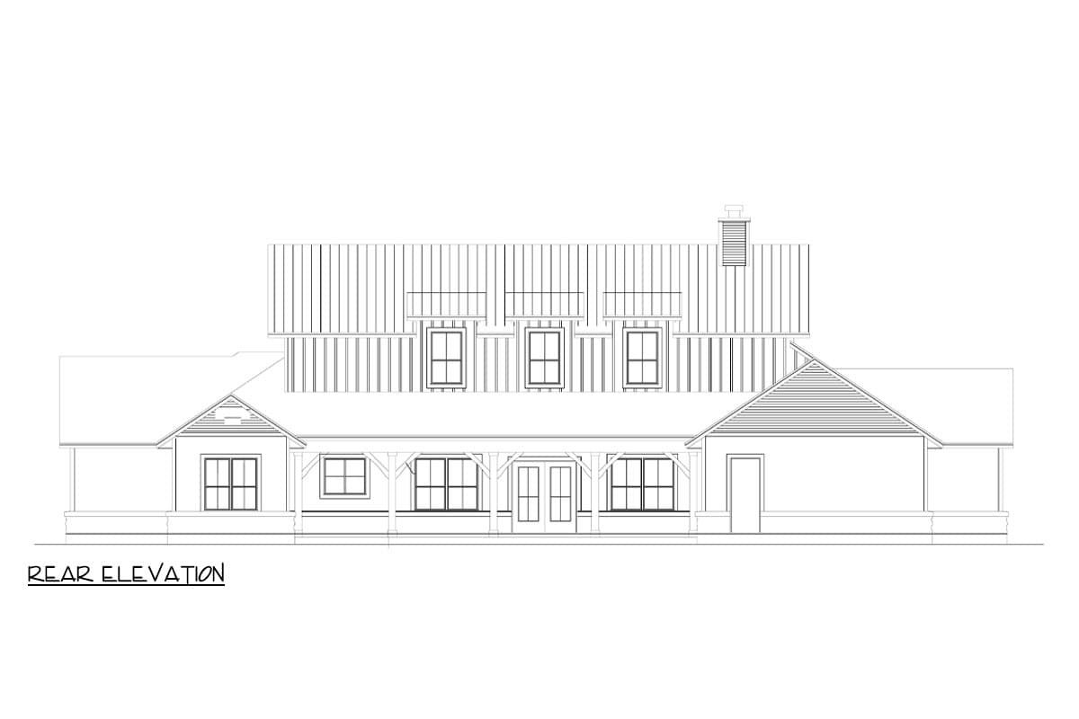 Rear elevation drawing of a house plan featuring a covered porch, dormers, and a metal roof.