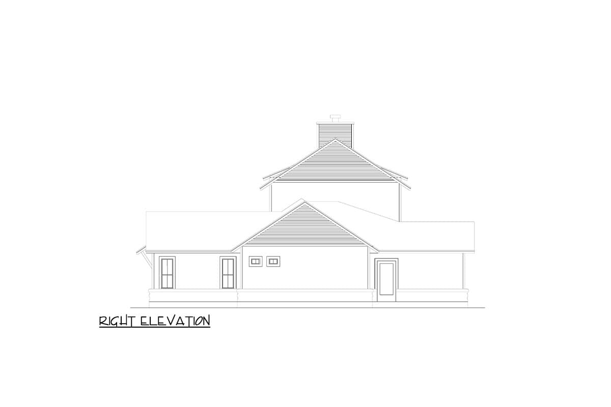 Right elevation drawing of a house with gables, a prominent chimney, and multiple windows.