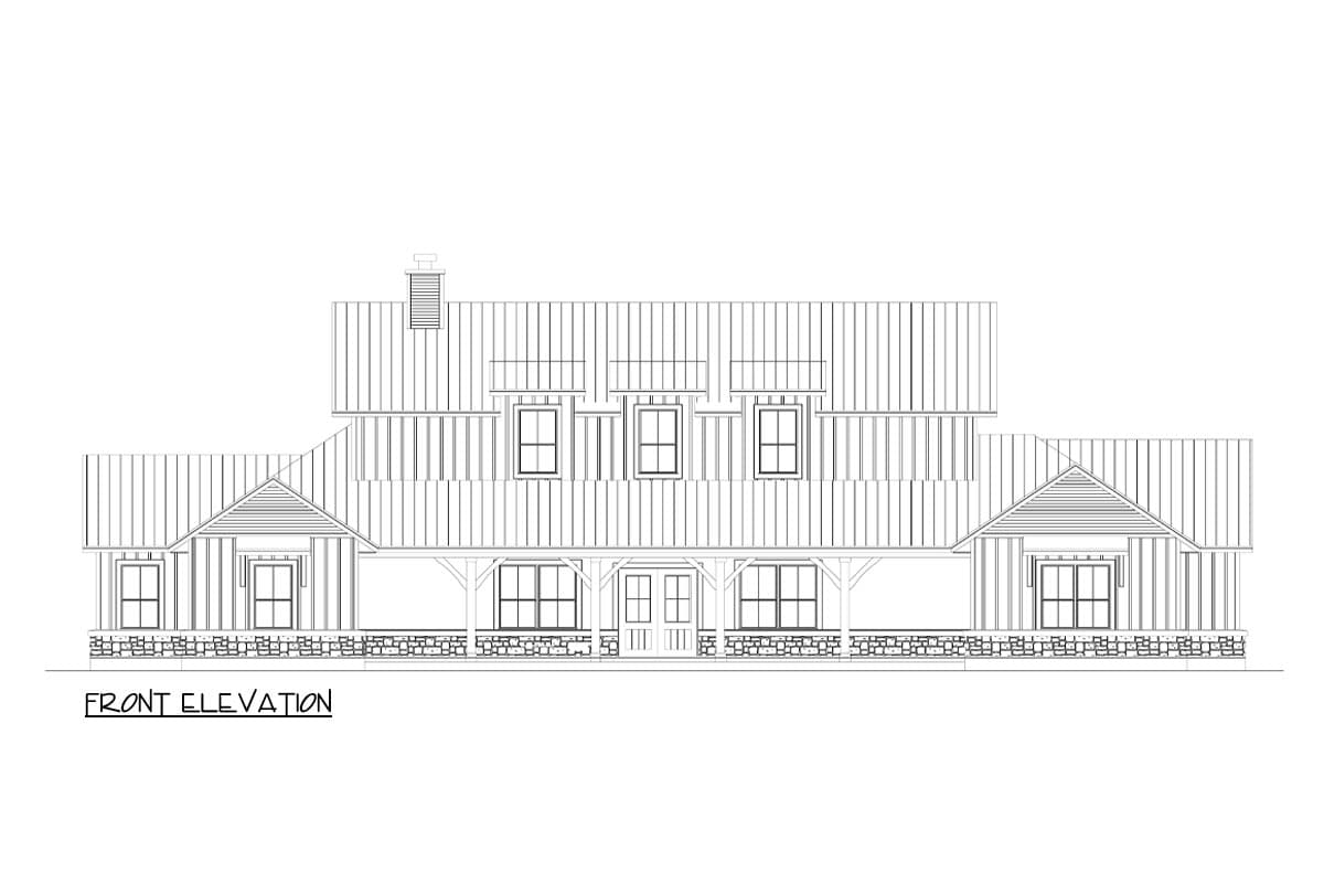 Front elevation drawing of a two-story house plan with a prominent gable, covered porch, and stone foundation.