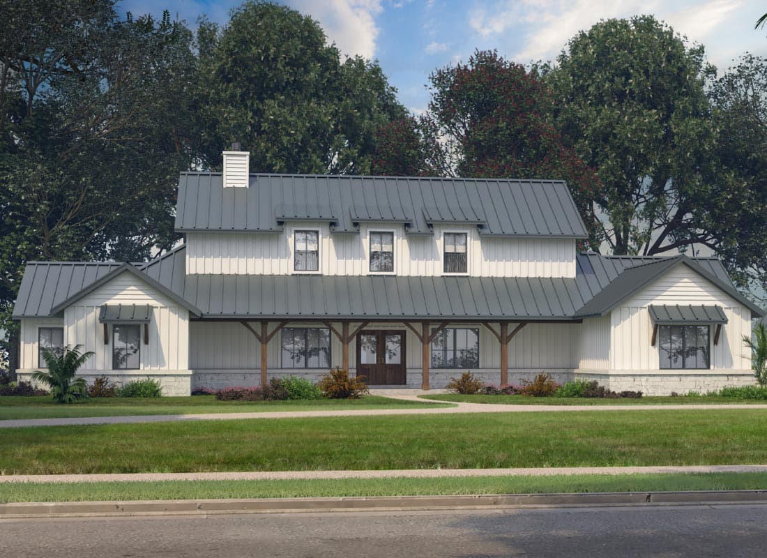 House plan exterior. Two-story Modern Farmhouse with metal roof, dormers, and a covered porch supported by timber columns.