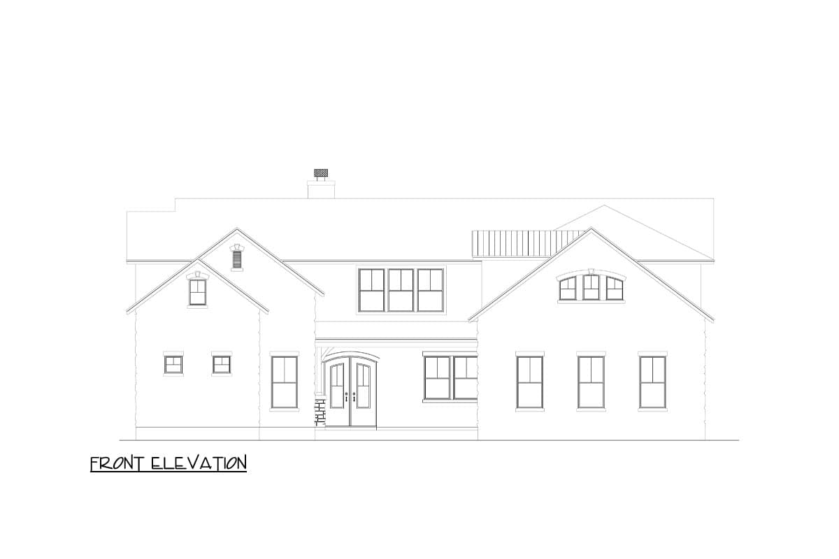 Front elevation drawing of a two-story house plan with a covered entry, multiple gables, and various window styles.