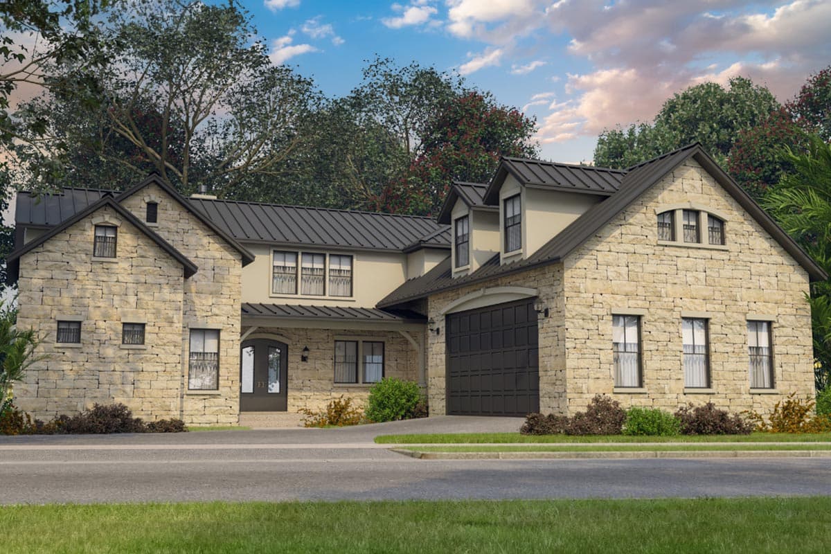 House plan exterior with stone facade, two stories, gabled roof, and attached garage. Includes dormers and arched window details.