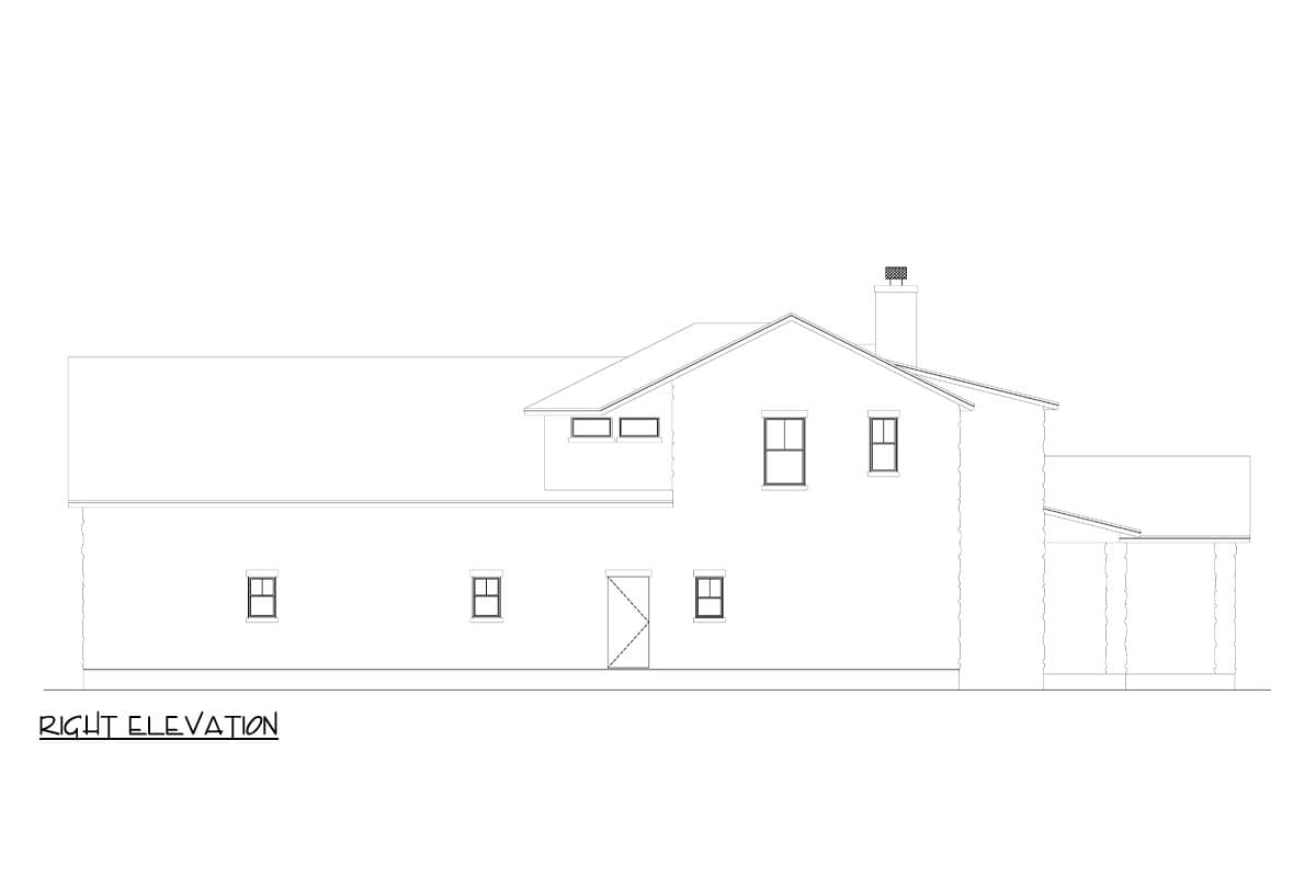 Right elevation drawing of a two-story house plan with gables, dormers, chimney, and covered porch.