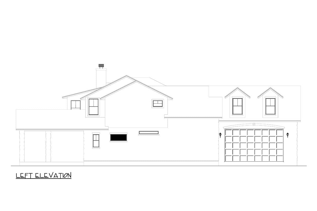 Left elevation house plan showing a two-story structure with a garage, dormers, and a chimney.