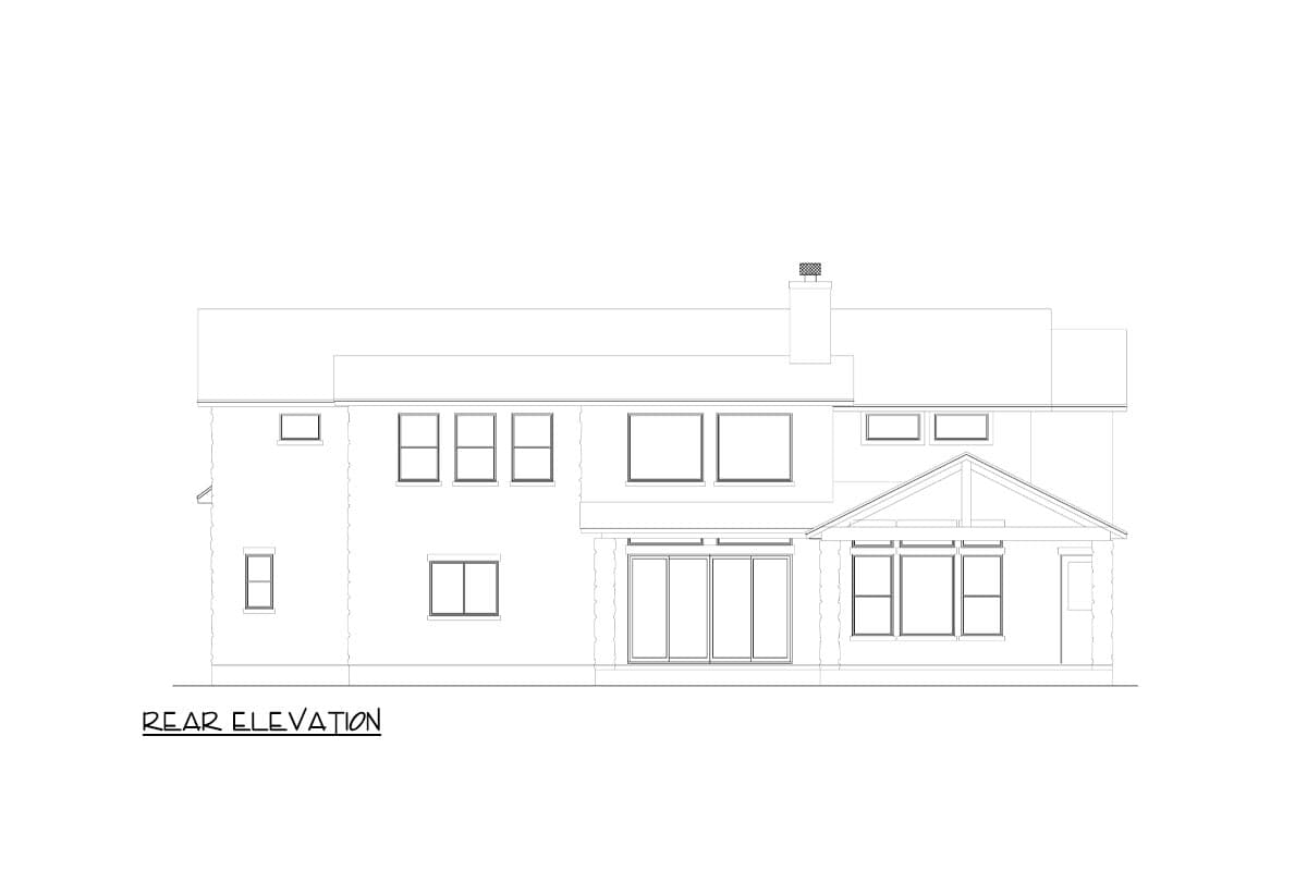 Rear elevation drawing of a house plan featuring multiple windows, sliding doors, a gabled porch, and a chimney.